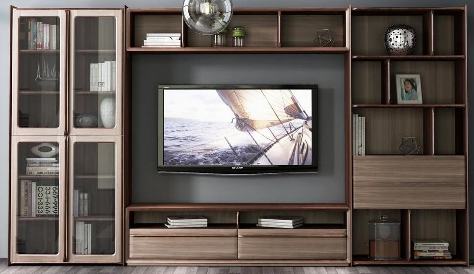 Buy cheap 2017 New Walnut Wood Furniture Design Living room Combined TV Wall Units by Tall Cabinets and Floor stand & Hang Racks product