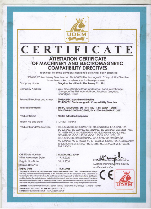 QINGDAO AORUI PLASTIC MACHINERY CO.,LTD1 Certifications