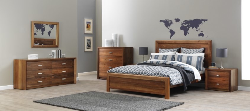 Buy cheap Apartment Furniture Bedroom Furniture Set Queen Size Bed Bedside Tables with Drawer Chest made by Walnut wood E1 MDF product