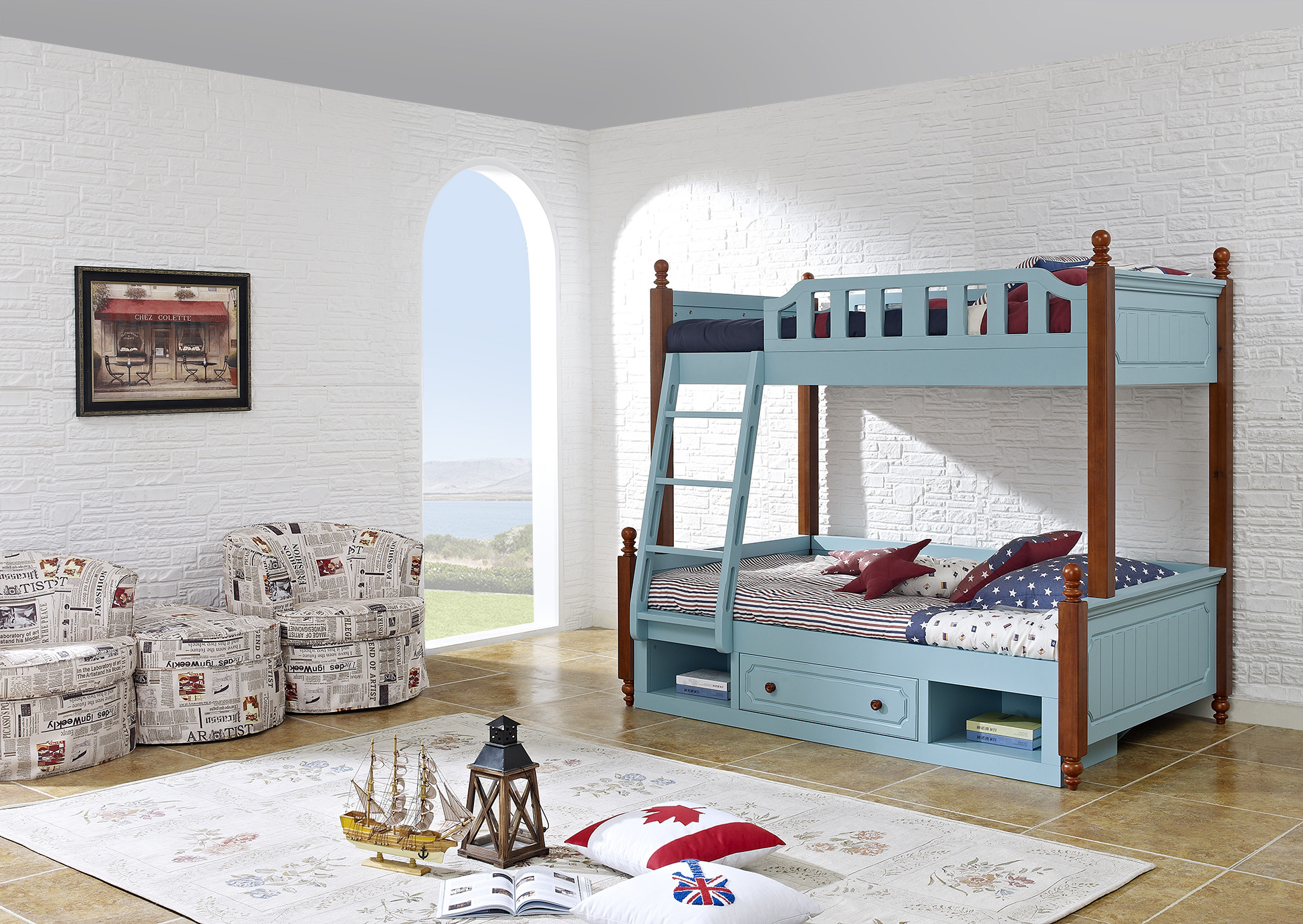 Buy cheap Sky blue painting bunk bed for children bedroom in solid wood frame and MDF plate with storage drawers in apartment furn product