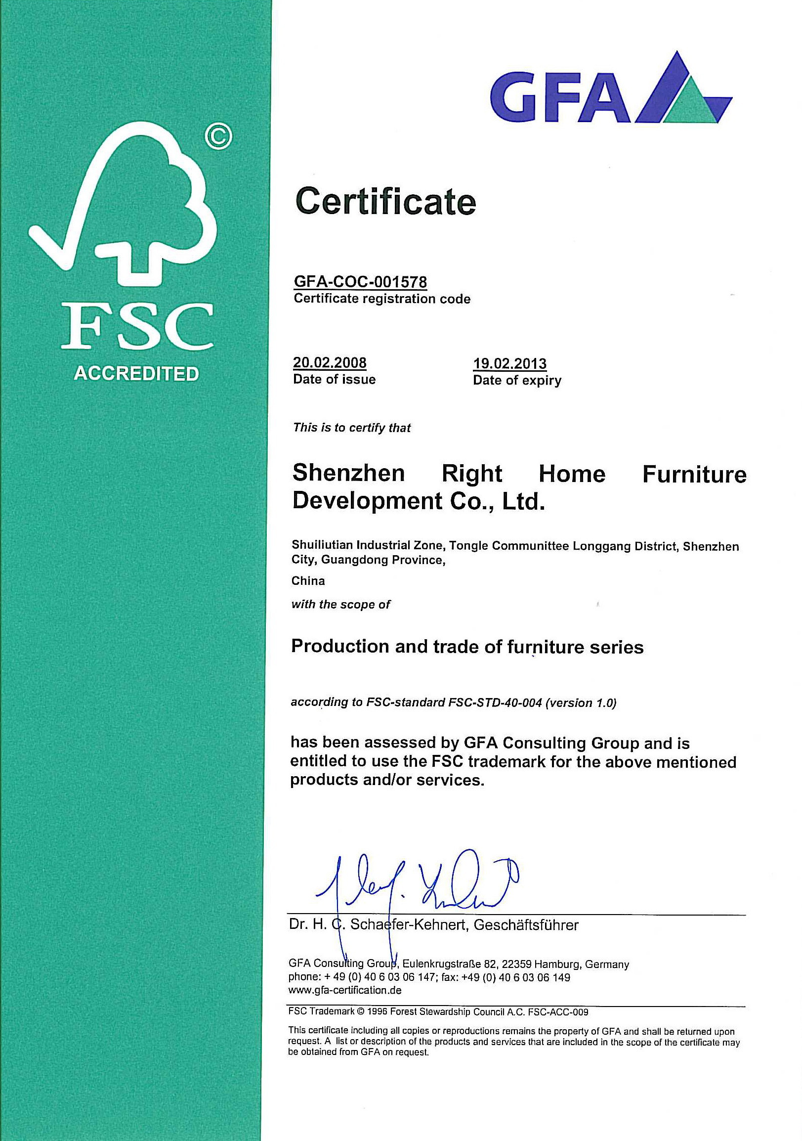 Shenzhen RightHome Furniture Development Co., Ltd Certifications