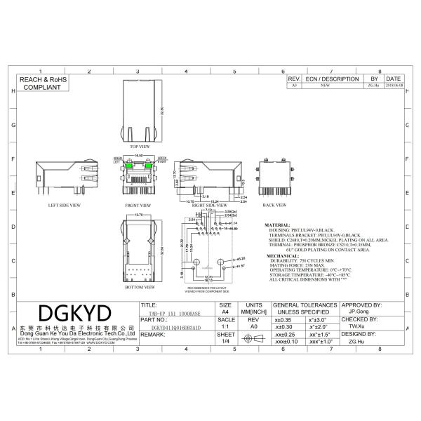 DGKYD RJ45 Connector 12 Pin 6u Gold Plating Shielded PCB Mount