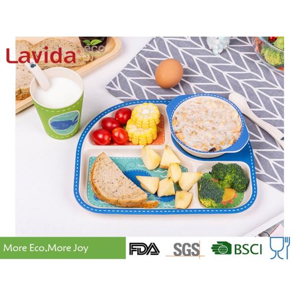 Eco Bamboo Childrens Dinner Set 4 Sections Plate Glass Fork / Spoon Shatter Proof