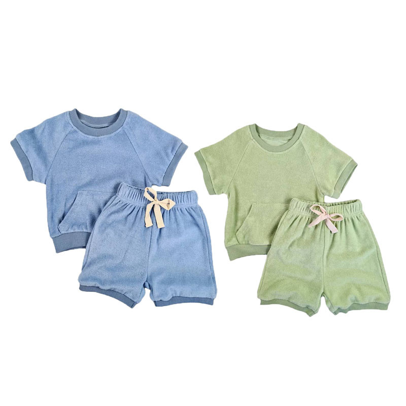 China Custom Neutral Kids Terry Towel Fabric Tee Shirts & Shorts Set Toddlers Casual Daily Wear Beach Wear Summer Two Pieces on sale