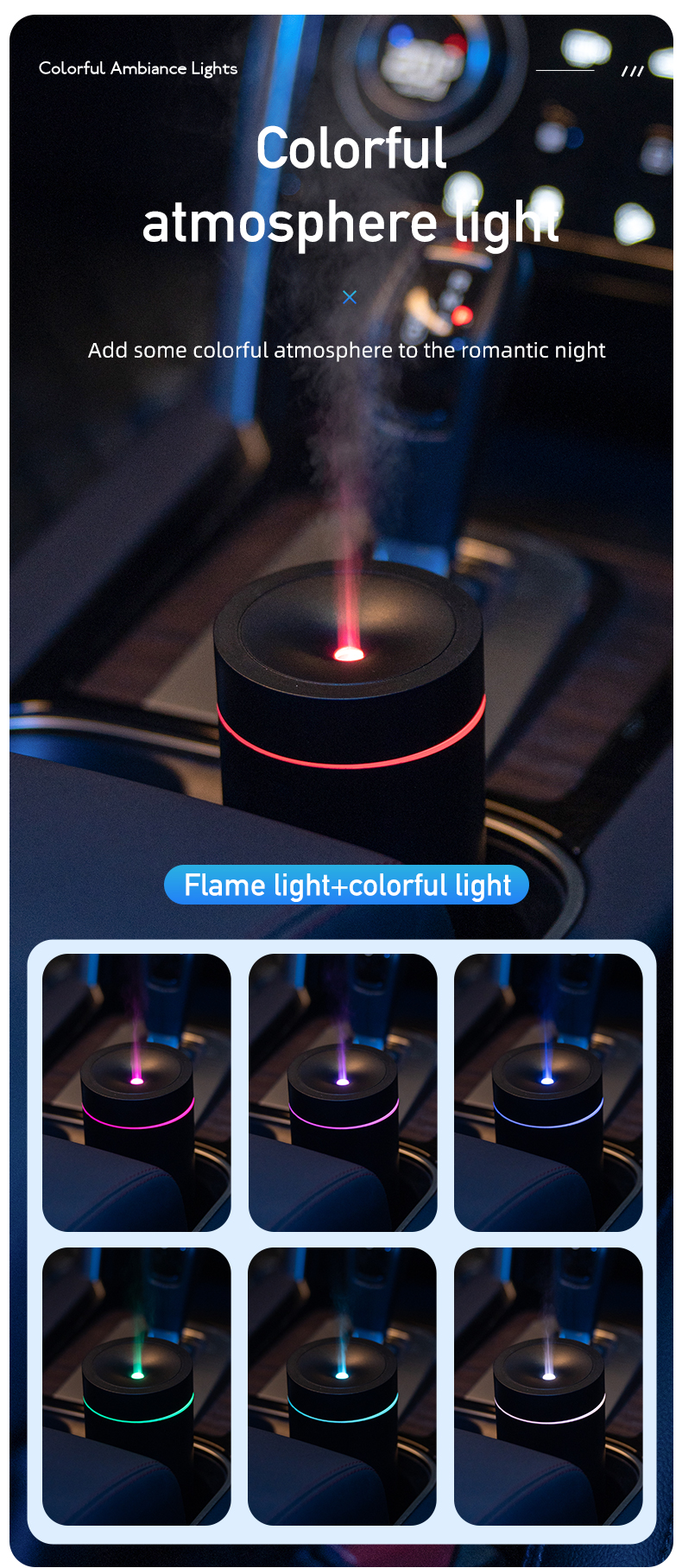 Flame Colorful Atmosphere Light Scent Electronic Logo Mounted Essential Oil Mini Black Air Diffuser Car Humidifier