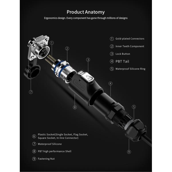 Cnlinko M16 PBT Plastic and Metal 16AWG Waterproof Power Connector 8 Pin Plug Socket