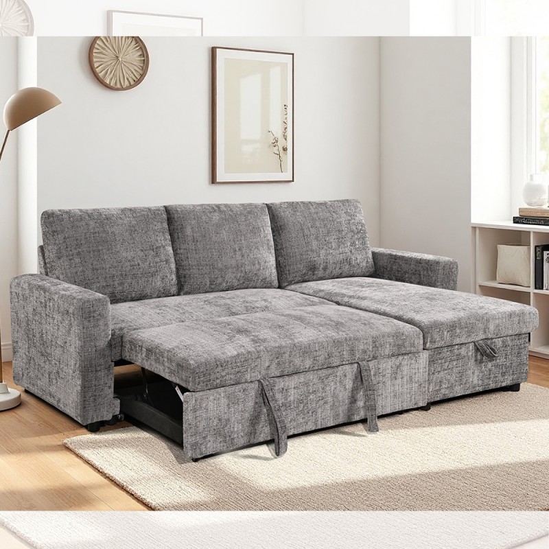 L-Shaped Reversible Sectional Sleeper Sofa with Pull-Out Bed and Storage, Metal Gray Fabric