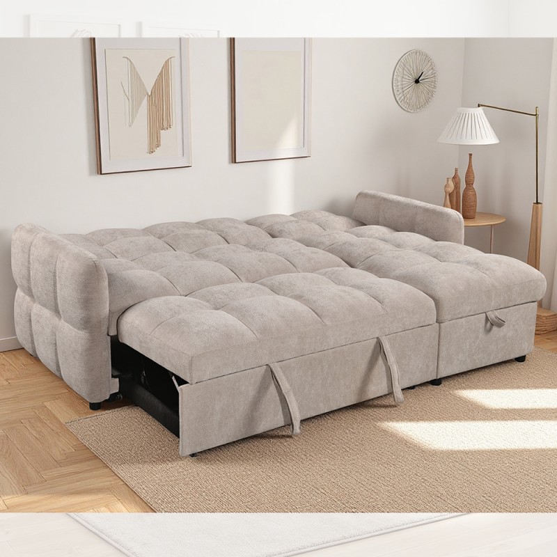 L-Shaped Sectional Sleeper Sofa with Pull-Out Bed and Adjustable Backrest and Storage Chaise, Beige Fabric