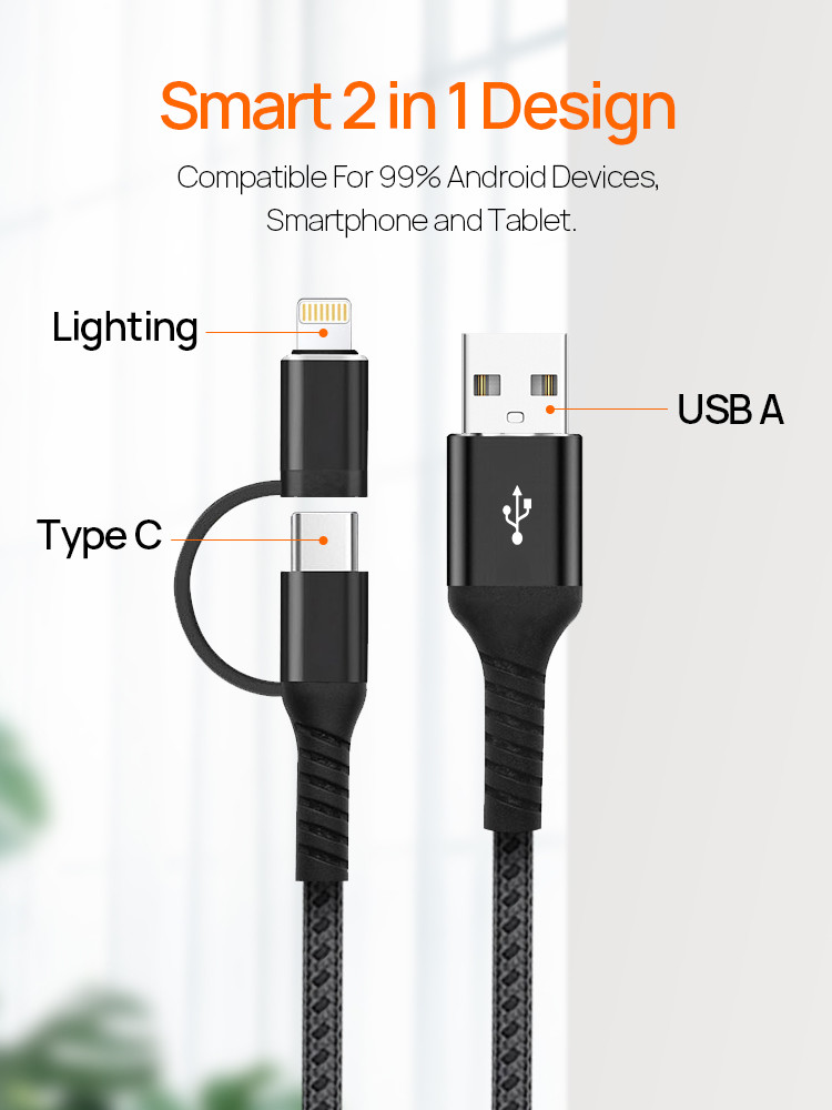 PD 18W Fast Charger 2 in 1 USB A to C+ Lightning Charge Cable USB Data Transmission