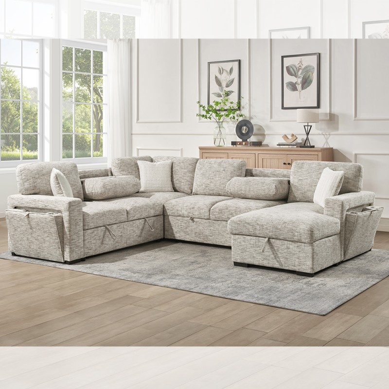 U-Shaped Sectional Sleeper Sofa with Pull Out Bed and Dropdown Table and Storage Chaise Lounge and Storage Loveseat and Cup holders, Beige Fabric
