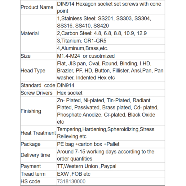 DIN914 Hexagon socket set screws with cone point