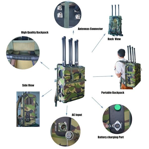 6 Channels 180W High Power Backpack Jammer blocks Drone/UAV signlas with up to 1500Meters shielding distance.