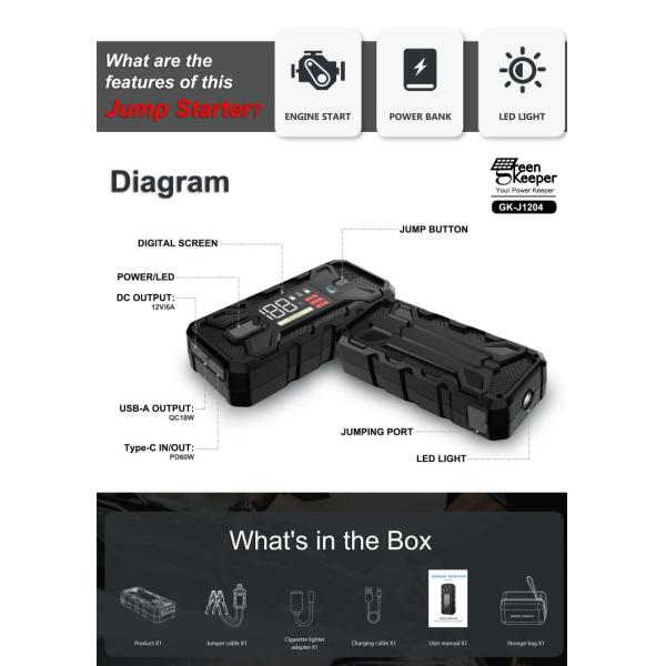 Multi Function Car Jump Starter 20000mAh Capacity and 3000A Peak Current for Emergency