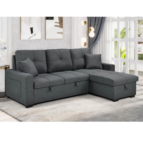 L-Shaped Reversible Sectional Sleeper Sofa with Pull-Out Bed and Storage, Neutral Gray Fabric