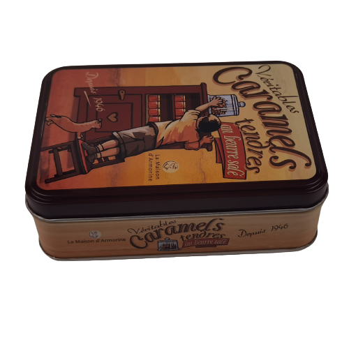 Rectangular Caramel Nougat Candy Tin Can Tin Box Packaging With Hinged Lid