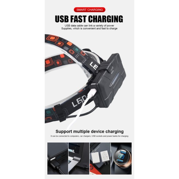 7LED Strong Headlight Far-reaching Searchlight USB Charging Outdoor Headlight Camping Night Fishing COB Red Headlight