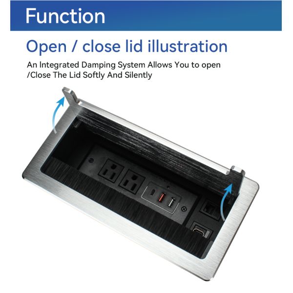 Hidden desktop socket box in closed position showing seamless integration with desktop surface