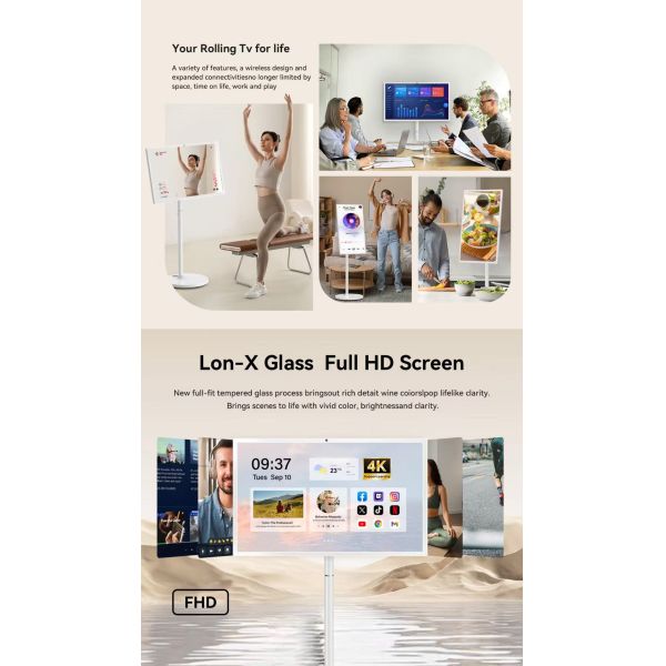 27-Inch UHD 4K Smart White Portable TV Storage Android OS Rolling Wheels Rotatable Touch