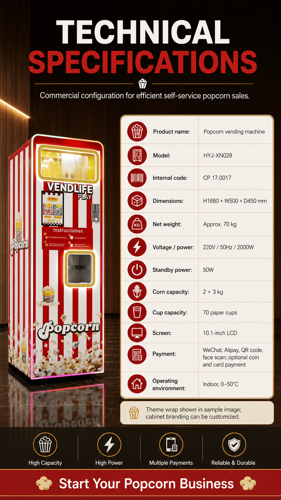 Commercial Automatic Popcorn Vending Machine 24 Hours Unattended Self Service Cinema Popcorn Maker Multi Flavor Popcorn Dispenser For Mall Arcade