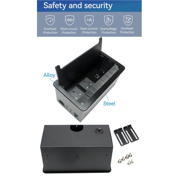 Hidden desktop socket box in closed position showing seamless integration with desktop surface
