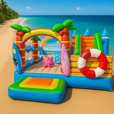 Tropical Beach Inflatable Bounce House and Slide Combo with Climbing Steps for Kids