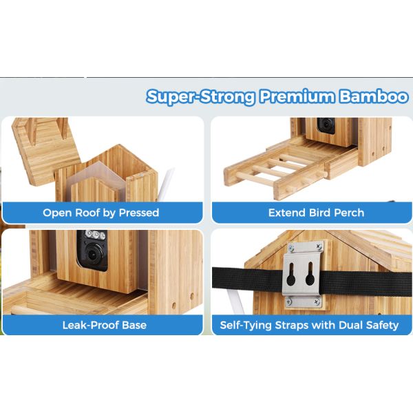 Bamboo wooden smart bird feeder - close-up