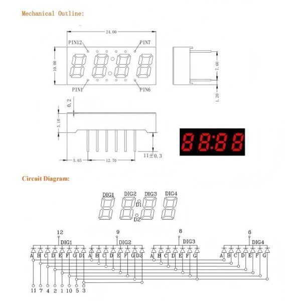 0.25 Inch 4 Digit LED 7 Segment Clock Display with 6.35mm Digital Height Suitable for Various Digital Clock Applications