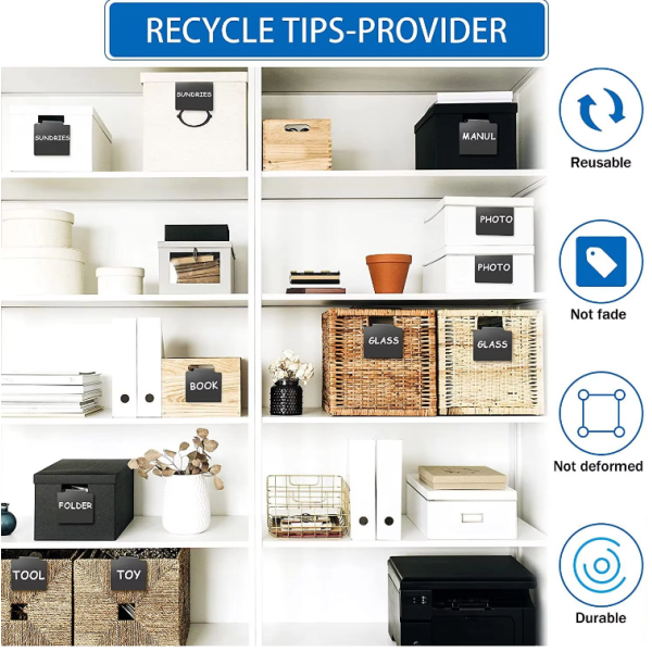 Custom Plastic Kitchen Pantry Basket Labels Clips With Holder Rewritable Removable Black Labels For Storage Bin