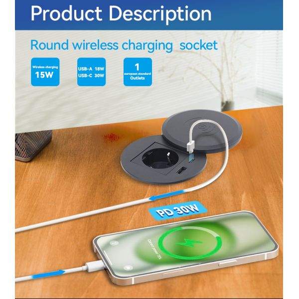 Multifunctional Desk Power Grommet with 15W Wireless Charging PD 30W USB C Port and Waterproof Type F Plug