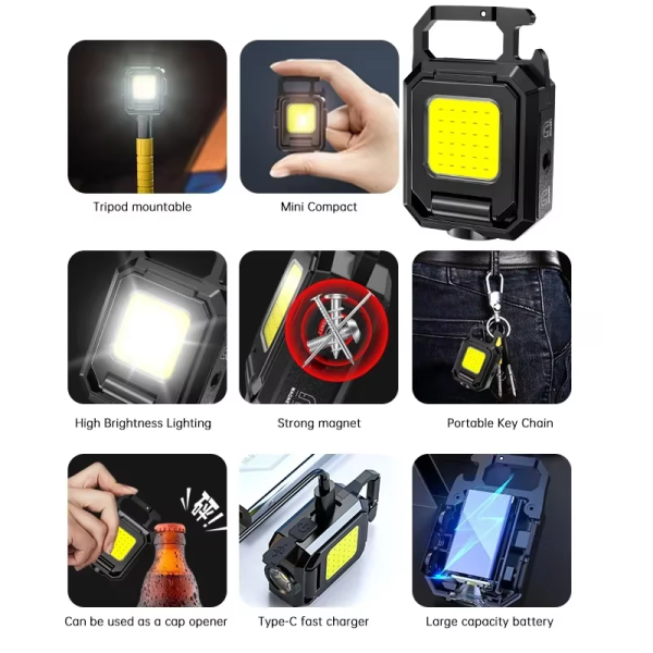 Multifunctional Three-headed Keychain Lamp Portable Cob Mini Camping Lamp Type-c Working Lamp Outdoor Flashlight
