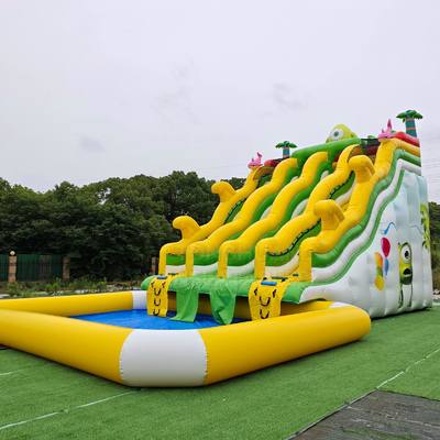 Commercial Monster Theme Double Lane Inflatable Water Slide with Splash Pool Climbing Lanes and Safety Side Walls for Water Parks