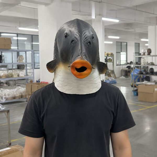 Realistic Grass Carp Latex Full Head Mask, Fish Character Costume with Scaled Texture, Orange Lips, Side Fin Detail and Full Head Design for Halloween