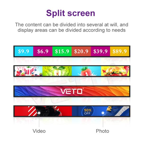 China Customized Stretch Multi-funtion LCD Display Digital Signage Strip LCD Signage Manufacturer 35in Stretched Bar LCD Display Advertising Machine For Retail Store Shelves DC12V