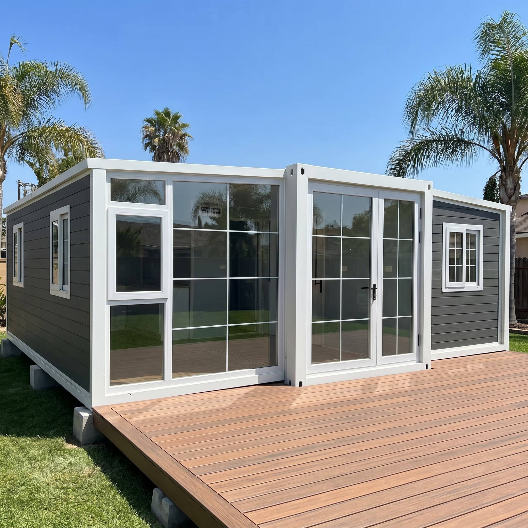 20FT Modern Studio Expandable Container House – Charcoal Grid-Glass Edition