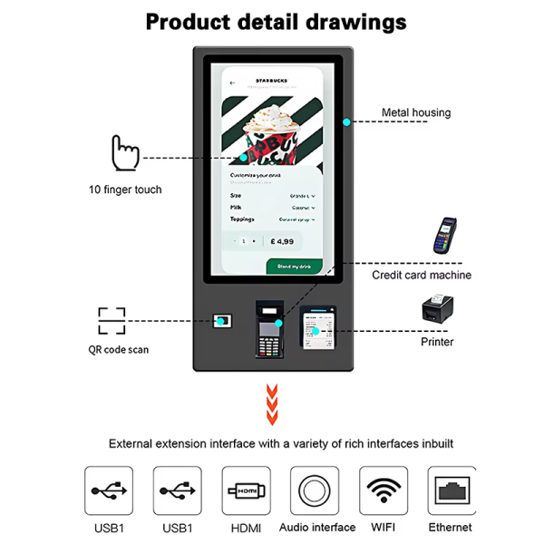 32 Inch Full HD Interactive Payment Kiosk with 10-Point Multi-Touch Screen and Integrated Multi-Payment Methods