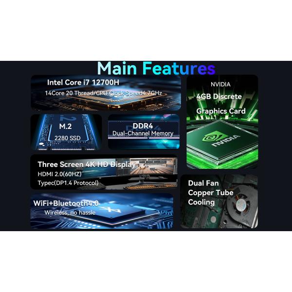Intel Core i7 12700H Mini Portable Gaming PC DDR4 4GB Discrete Graphics Card Mini PC