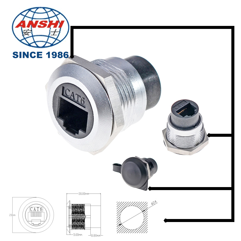 D-Series RJ45 Cat6 Female Connector, Panel Mount Circular Ethernet Network Extension Socket