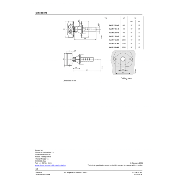 Siemens QAM2120.040 Duct Temperature Sensor with Plastic Material and Universal Motor Type for Industrial Automation