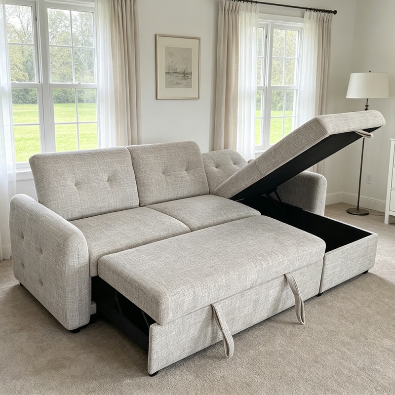 L-Shaped Sectional Sleeper Sofa with Pull-Out Bed and Adjustable Backrest and Storage Chaise, Light Gray Fabric