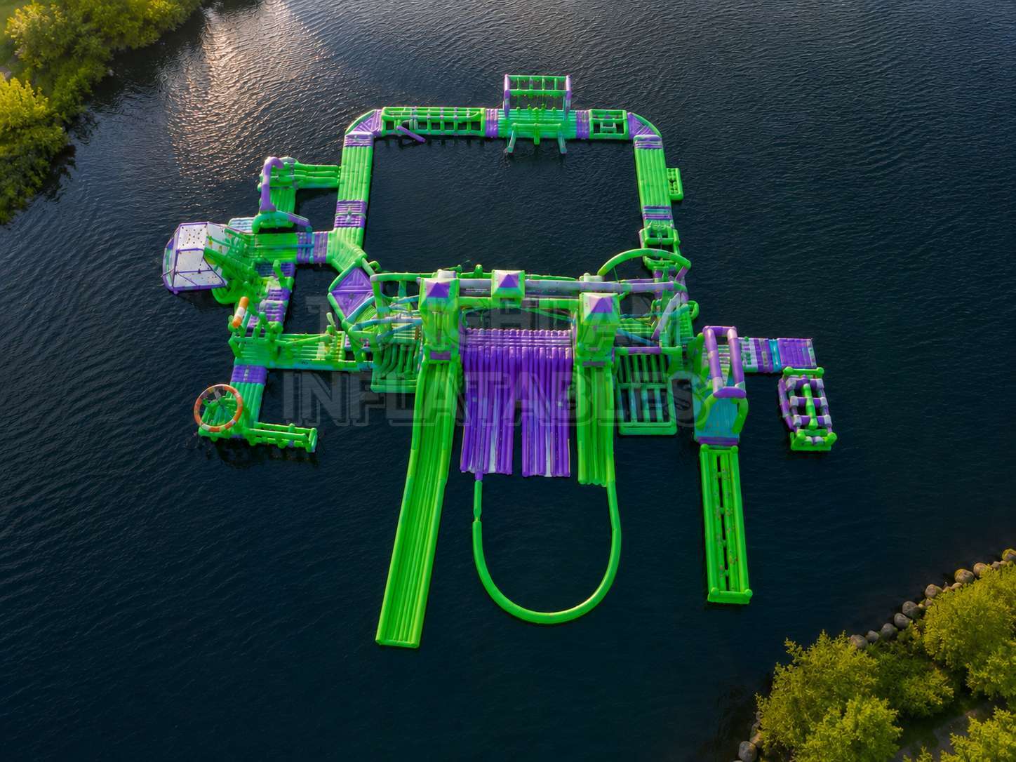 Custom Large Floating Inflatable Water Park with Multi Lane Slides Towers Obstacles and Aqua Playground Modules for Resorts Lakes Camps and Rental