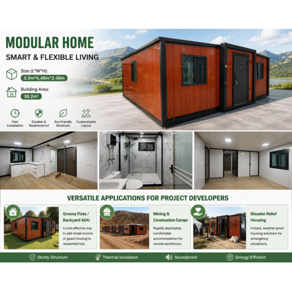 38.2m² Premium Expandable Container House (Wood Grain Finish)
