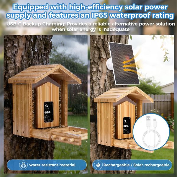 Bamboo wooden smart bird feeder - side view