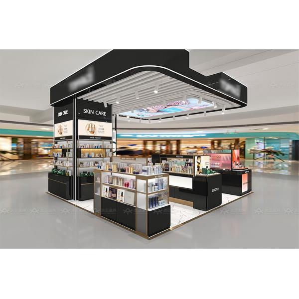 Beauty Kiosk Cosmetic Shop Display Furniture Black Gold Wood Cabinet for Retail Shop Design