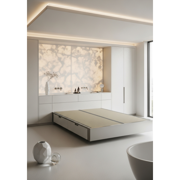 custom custom tatami bed with mirror-polished stainless steel cabinet fronts and 304 stainless steel structure
