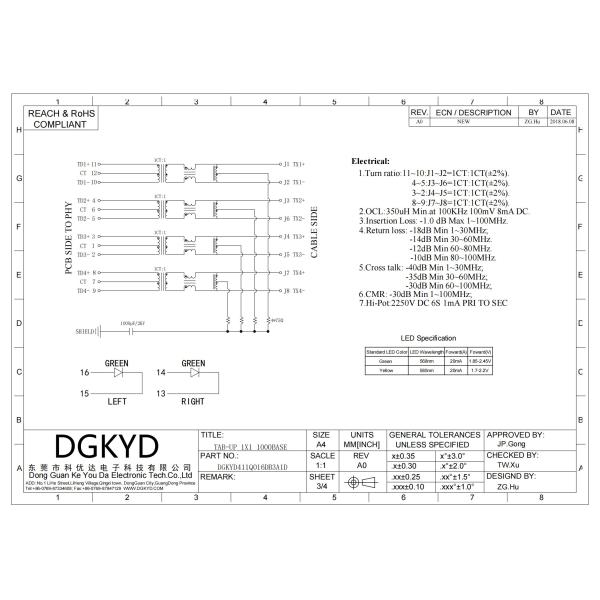 DGKYD RJ45 Connector 12 Pin 6u Gold Plating Shielded PCB Mount