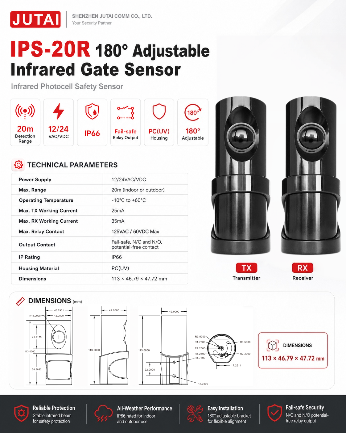 IPS-20R Infrared Gate Photo Eye Sensor 20m IP66 Adjustable Safety Beam for Automatic Gate Garage Door Barrier and Access Control