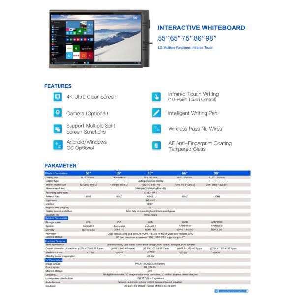 65" Interactive Flat Panel Touch Screen Smart Meeting Board Android Windows Dual OS All in One Conference Display OEM