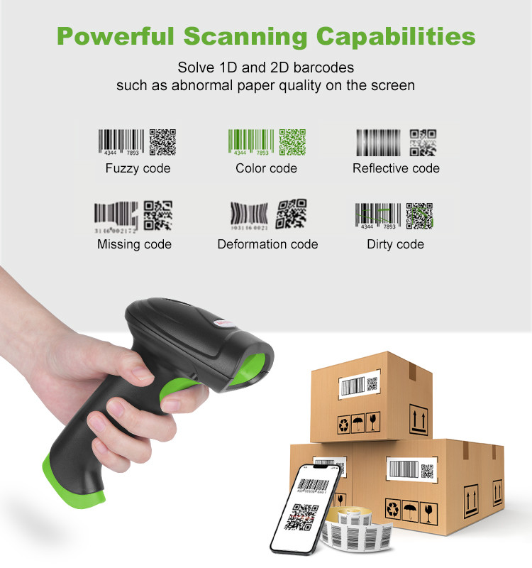 2D CMOS Handheld Barcode Scanner Wireless 2.4G Bluetooth Interface With Receiver