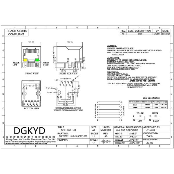 DGKYD59211118AB1A3DY1027 RJ45 Without Filter Socket 10P8C With LED 59 Series Y/G