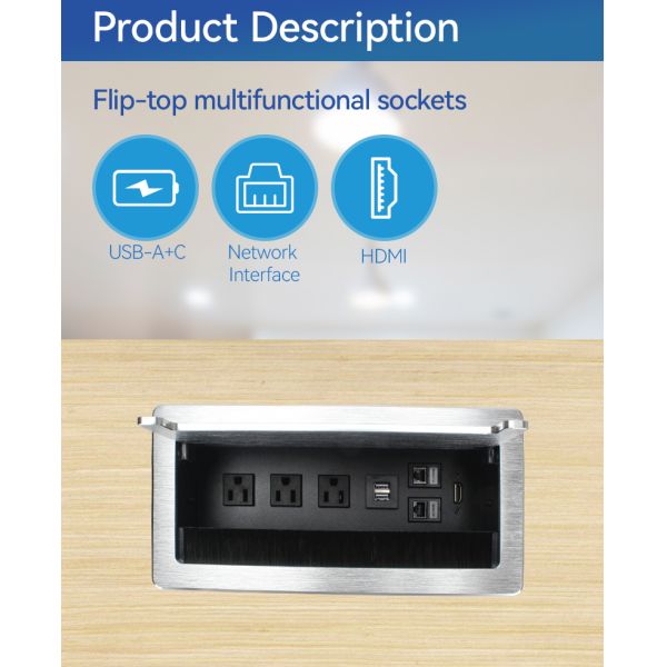 Desktop socket box with flip-top open revealing power outlets, USB ports, network and HDMI interfaces